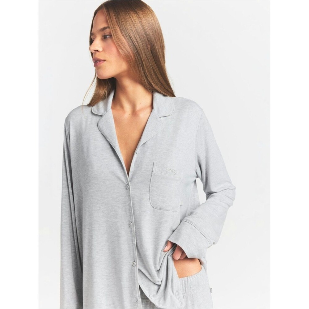 SKIMS Ribbed Modal Button-Up Sleeve Sleepwear Top in Light Sage Sz S Comfy Cozy